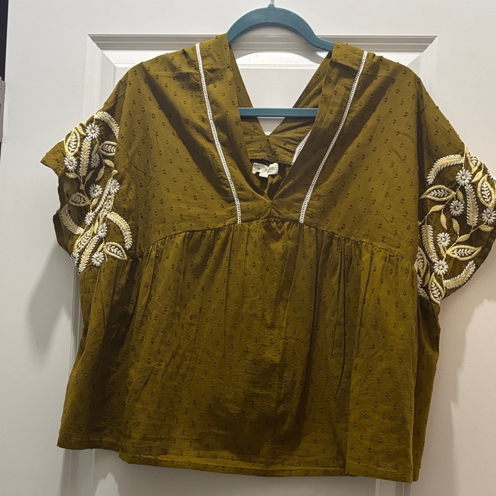 Cost Plus World Market Olive Embroidered Blouse